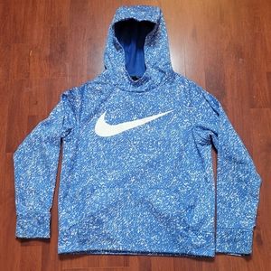 NIKE Youth Dri-FIT Blue White Splatter Pullover Hoodie Swoosh Logo Size L.
